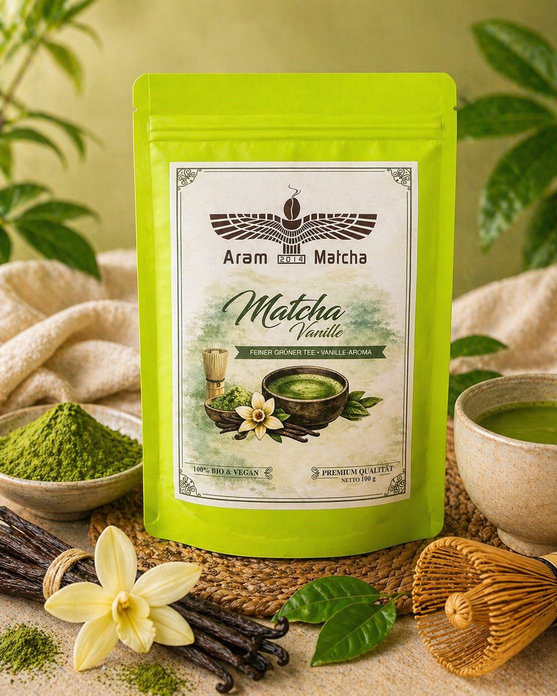 ARAM MATCHA / 100% BIO/VEGAN MATCHA-VANILLE 100g - Premium Qualität - BÜ